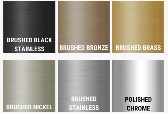 Brushed metal finishes including brushed black stainless, brushed bronze, brushed brass, brushed nickel, brushed stainless, and polished chrome options for sensor-operated faucets and soap dispensers.