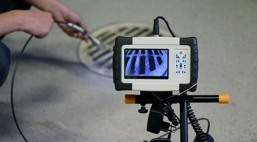 Technician using an inspection camera to analyze a drain cover for The Bosworth Company maintenance services.