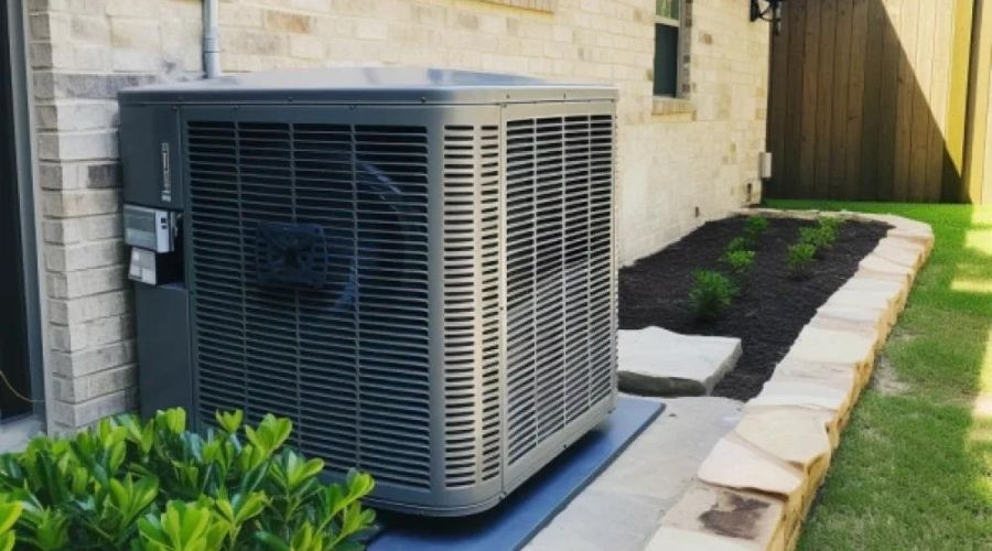 Air conditioning unit on a concrete pad in a tidy yard, by The Bosworth Company, showcasing modern HVAC functionality.