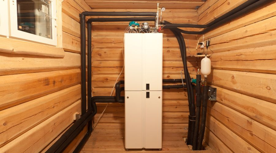 White utility cabinet with black pipes in a plumbing space, reflecting The Bosworth Company's service environment.