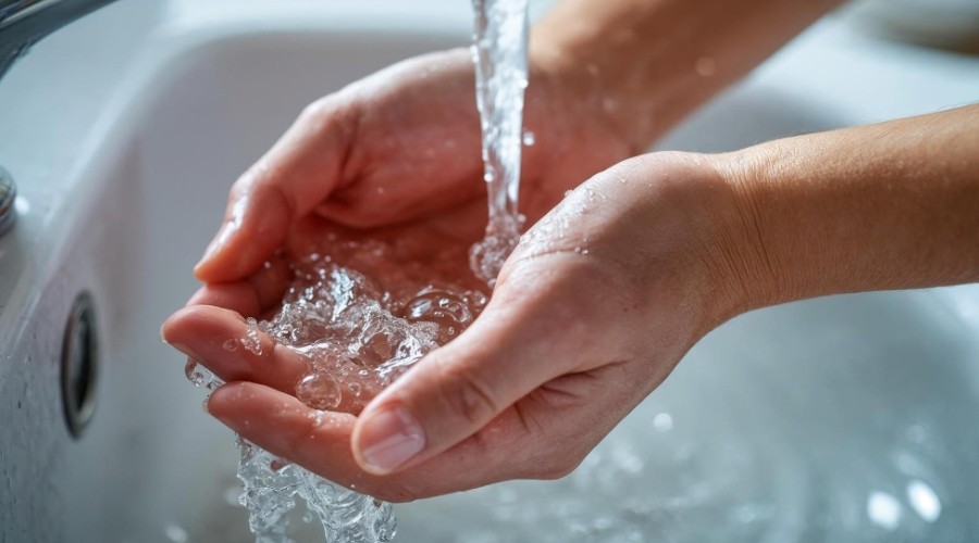 Clean water flowing into cupped hands illustrating safe water supply and backflow prevention.